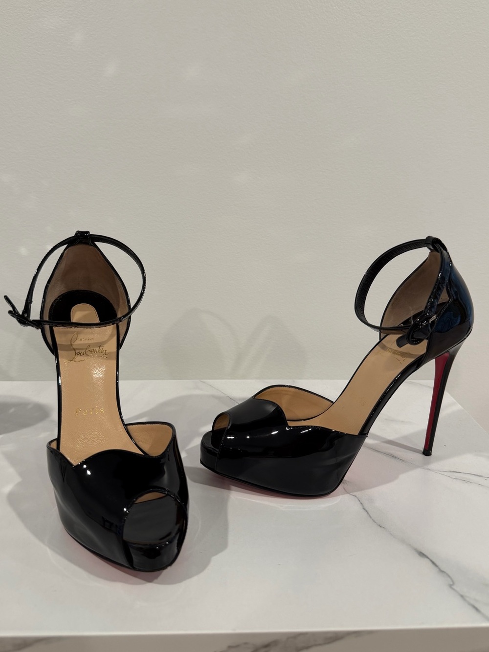 Christian Louboutin Black Patent Peep-Toe Ankle-Strap Aketata Heels - 38.5